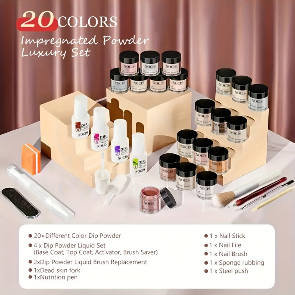 NOCIS 33pcs Dip Powder Nail Set - Sparkling Shades, Activator & Primer for French Manicures, Professional Quality for Home Use - Perfect Gift for Women