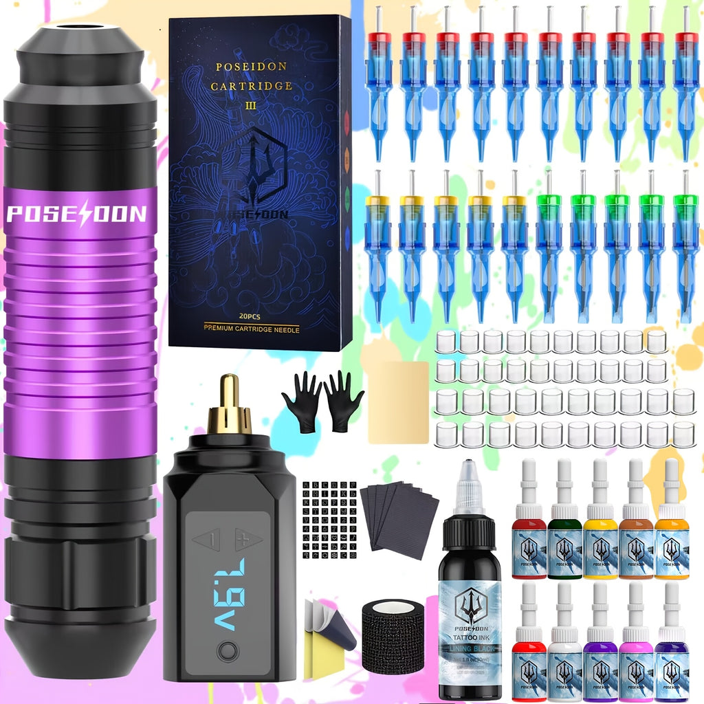 POSEIDON Tattoo Pen Kit - Wireless Tattoo Gun Kit, Tattoo Machine Kit With Tattoo Power Supply And 20pcs Tattoo Cartridge Needles, Complete Tattoo Kit Tattoo Supplies For Beginner