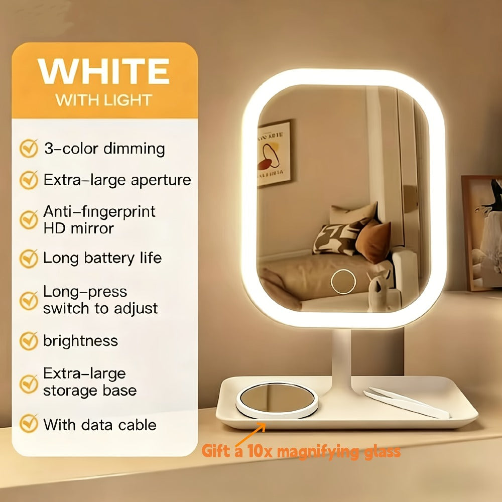 Illuminated Makeup Mirror Features Three Lighting Modes, Touch Control Operation, A Portable Stand, And A Foldable Design, Making It Ideal for Travel. It Comes with A Rechargeable Battery And Is A Compact LED Makeup Mirror.Free 10x Magnifying Glass