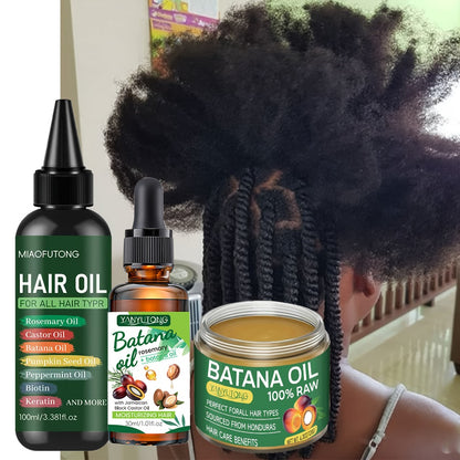 Bataina Hair Oil 3-Piece Set | Cold-Pressed Biotin Hair Oil + Essential Oil + Conditioner | Strengthens Prevents Breakage Split Ends Enhances Shine | All Hair Types