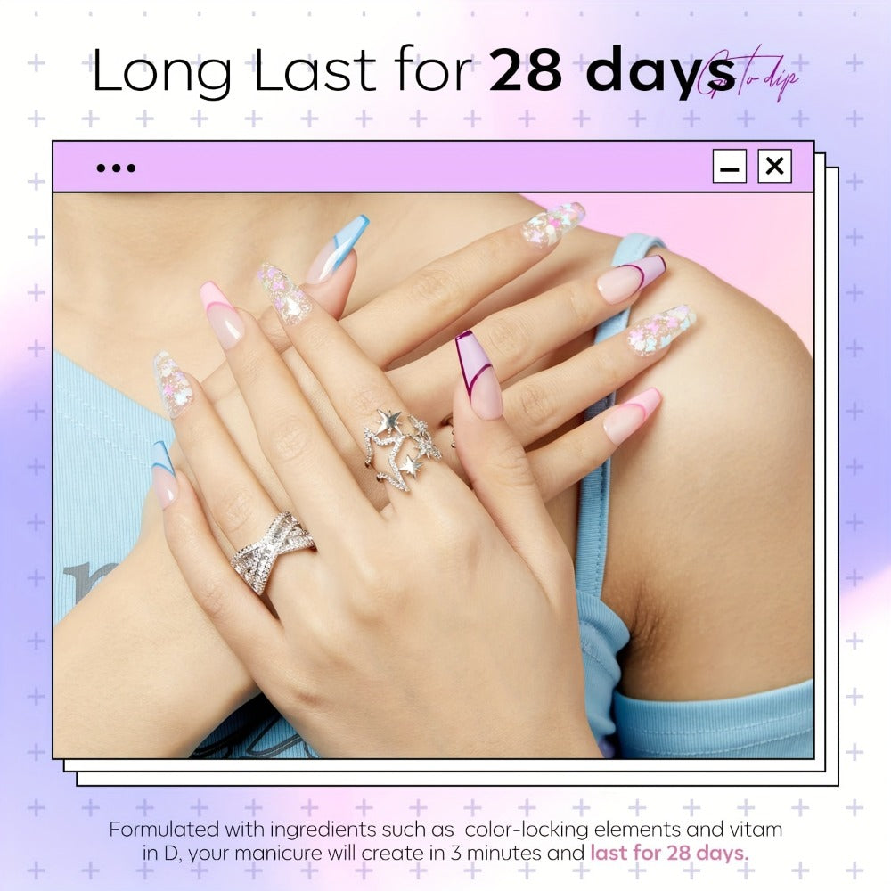 4-Color Dipping Powder Nail Kit, Featuring a Trendy Spring Palette of Light Purple, Blue, And Pink Butterfly Glitter Dipping Powders, Along with a French Nail Art Base Coat Activator for Salon Use