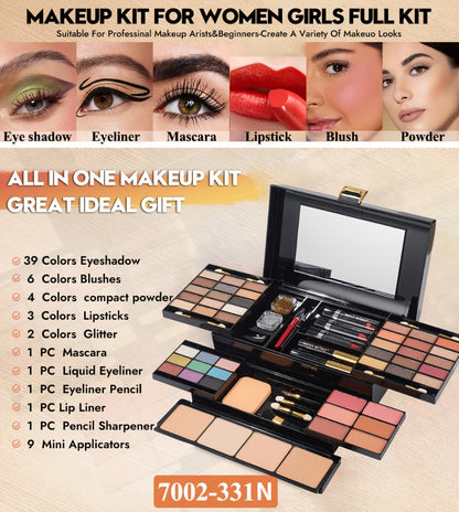 Makeup Kit for Women 58 Colors All-in-One Professional Set with Mirror - Eyeshadow Compact Powder Blusher Lipstick Eyeliner Mascara Eyebrow Pencil Glitter Gel Complete Makeup Gift Set for Girls