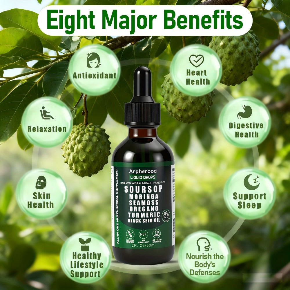 Soursop Graviola Liquid Blend | Leaf And Fruit Formula with Sea Moss, Elderberry And Black Seed Oil | High-Potency Oral Drops for Immune Wellness, Digestive Balance And Liver Care for Men And Women | 2 Fl.Oz Glass Bottle, Dietary Supplements