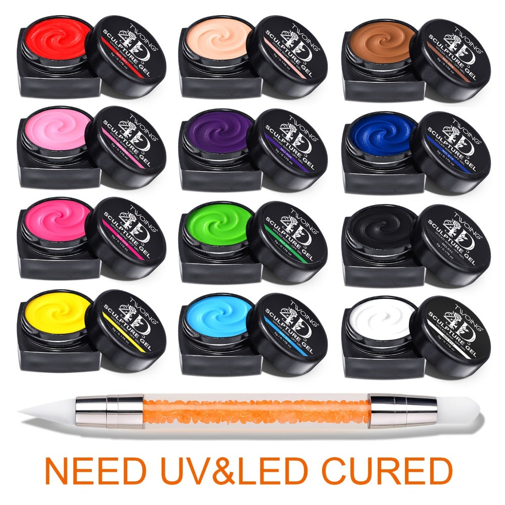 3D 4D Sculpture Gel Nail Art Kit 12 Colors with Carving Pen — Non-Sticky Soak-Off Nail Sculpting Gel Firm Texture for 3D Nail Designs Flowers Leaves Extensions DIY & Salon Manicure
