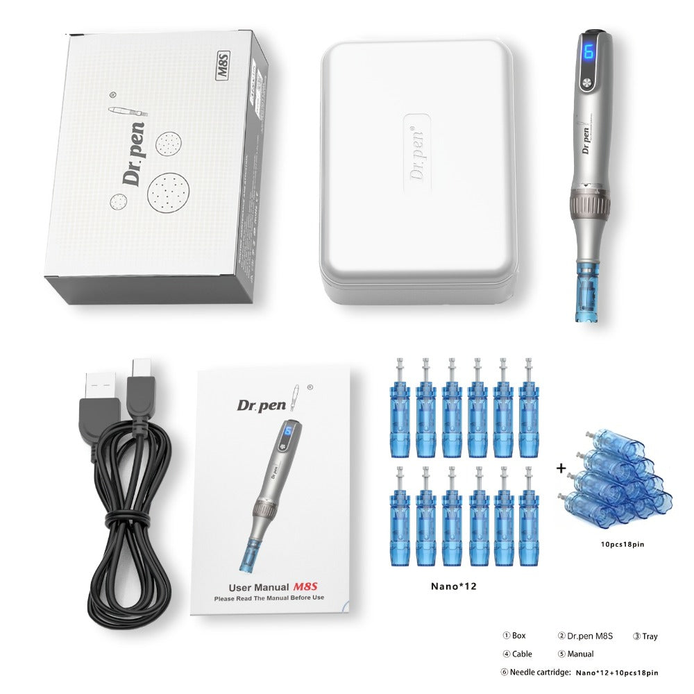 M8S-Dr.Pen Premium Wireless Electric Pen-Care Device Featuring 22 Replacement Heads (R-Nano-12 Units, 18 Needles-10 Units), Ideal for Skin Care, Perfect As a Gift