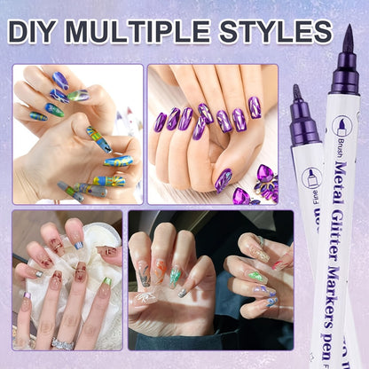 3D Nail Art Pens 10 Colors Double Ended Metallic Acrylic Paint Pen Set - Quick Dry Graffiti Dotting Drawing Liner Nail Marker for Salon & DIY Home