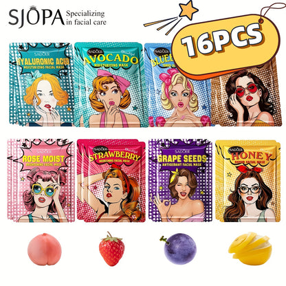 Hydrating Face Mask Sheet 16pcs Goddess Mask Fruit & Honey Essence Deep Moisturizing Long-Lasting Hydration for Women - Autumn Winter Skincare Gift for Mom