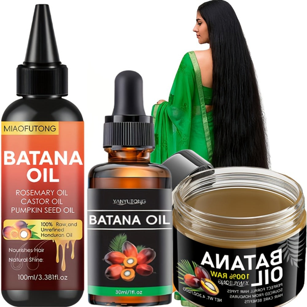 Batana Oil Hair Care Set 3PCS - Honduras Pure Cold-Pressed Batana Hair Oil, Cream & Essential Oil for Dry Hair, Scalp Moisturizer, Anti-Breakage, Split End Repair, All Hair Textures