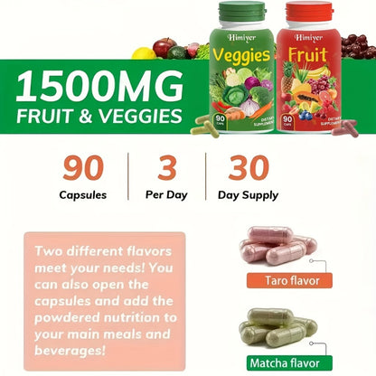 Fruits & Vegetables Superfood Capsules — Complete Food Supplement with 90 Fruit + 90 Veggie Capsules | Daily Nutrition for Women, Men & Teens | Fruit & Vegetable Flavor