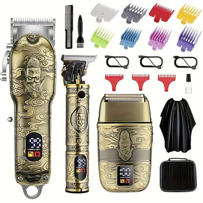 Professional Hair Clippers & Trimmer Set for Men — T-Blade Trimmer, Nose Hair Trimmer, Electric Razor, LCD Display, USB Rechargeable, Zinc Alloy Body, Ergonomic Grooming Kit