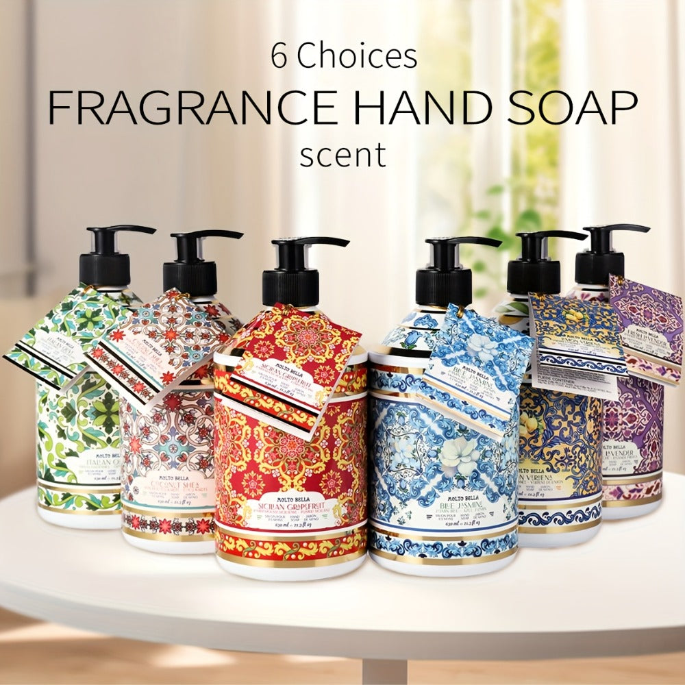 2 Bottles (21.3fl.oz Each) Liquid Hand Soap Suitable for All Skin Types, 6 Scent Infused Foam Formula with Floral Press Bottle, Ethically Made Gel & Fragrance for Hands, Hygienic Cleaning for, Office, Travel -