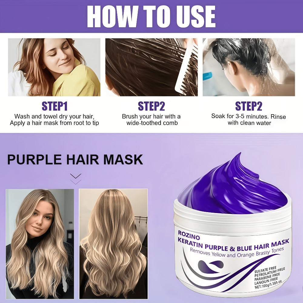 Purple Hair Mask Toner 2-Pack 3.53oz | 72-Hour Moisturizing Removes Brassiness Yellow Tones | Violet Keratin Rosemary | Smooths Frizzy Dry Hair in 3 Min | Blonde Platinum Gray