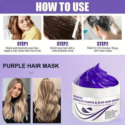Purple Hair Mask Toner 2-Pack 3.53oz | 72-Hour Moisturizing Removes Brassiness Yellow Tones | Violet Keratin Rosemary | Smooths Frizzy Dry Hair in 3 Min | Blonde Platinum Gray