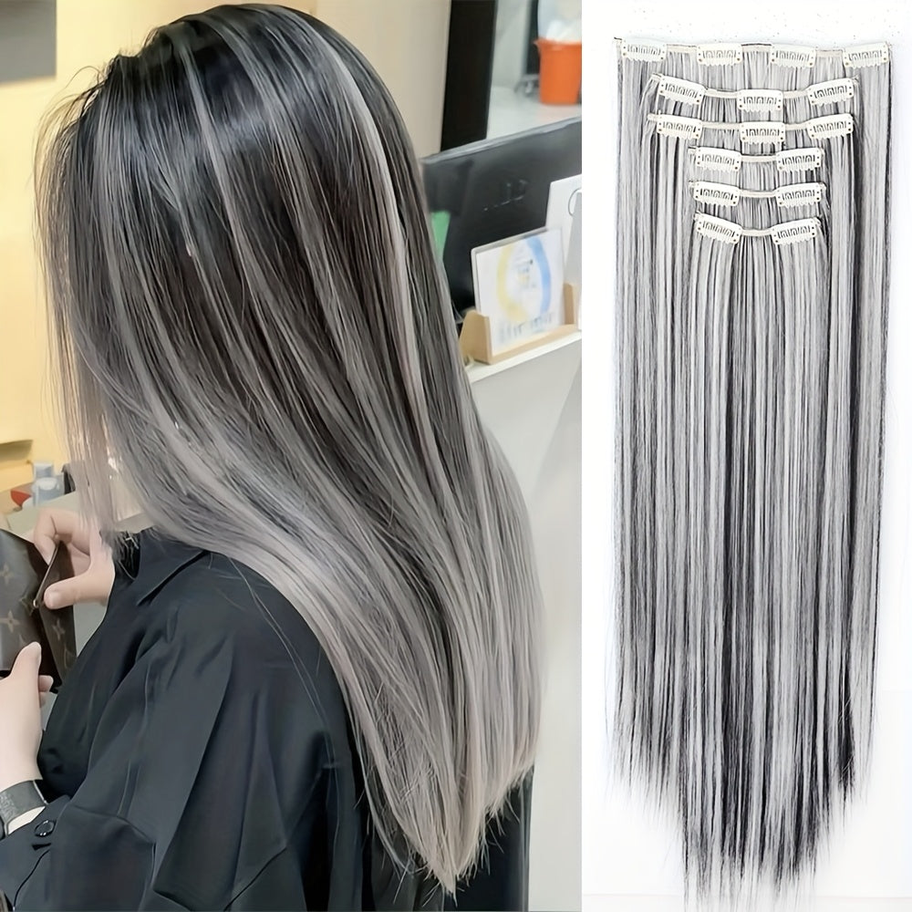Set of 6pcs, 24-Inch Synthetic Heat-Resistant Clip-In Hair Extensions in Black And Gray, Ideal for Women to Wear at All Saints' Day Celebrations