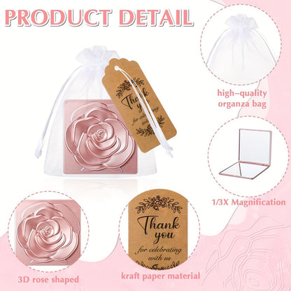 Compact Mirror Wedding Favors Bulk - 30 Sets Rose-Shaped Portable Purse Mirrors with Thank You Tags & Organza Bags, Bridal Shower Bachelorette Party Graduation Gift for Guests