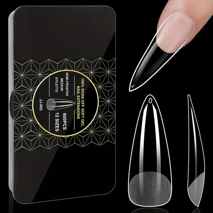 Soft Gel Nail Tips 600 Pieces - Clear Crystal Full Cover False Nails for Extensions | Almond Oval Square Coffin Stiletto Short Medium Long, Semi-Gloss Transparent Nail Tips for Nail Art Salon & DIY