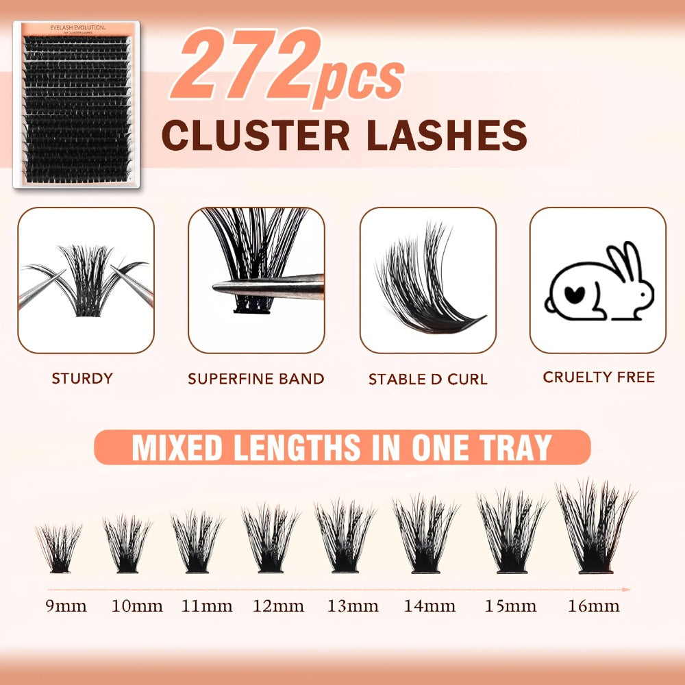 100D 272pcs Eyelash Extensions Lash Clusters Ranging from 8-16MM, Featuring Thick D Curl Individual Lashes That Are Soft And Reusable, Perfect for Lash Cluster Applications