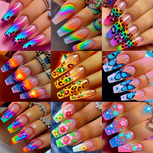 216pcs Assorted Fake Nail Stickers - Ballet, Leopard, Floral, Butterfly, and Glitter Designs - Removable, Glossy Finish - Perfect for Spring & Summer Manicures, Long Nail Stickers | Vibrant Nail Art | Glossy Finish Nails, Nail Decor
