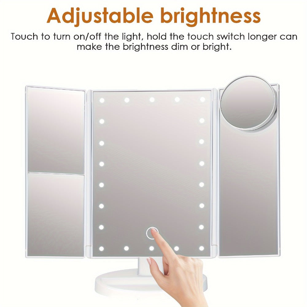 LED Trifold Mirror with Magnifying Mirror, Lighted Cosmetic Mirror Dressing Mirror, Bathroom Adjustable Brightness Mirror, 1X/2X/3X/10X Magnification And Touch Screen Trifold Cosmetic Mirror, Two Power Modes