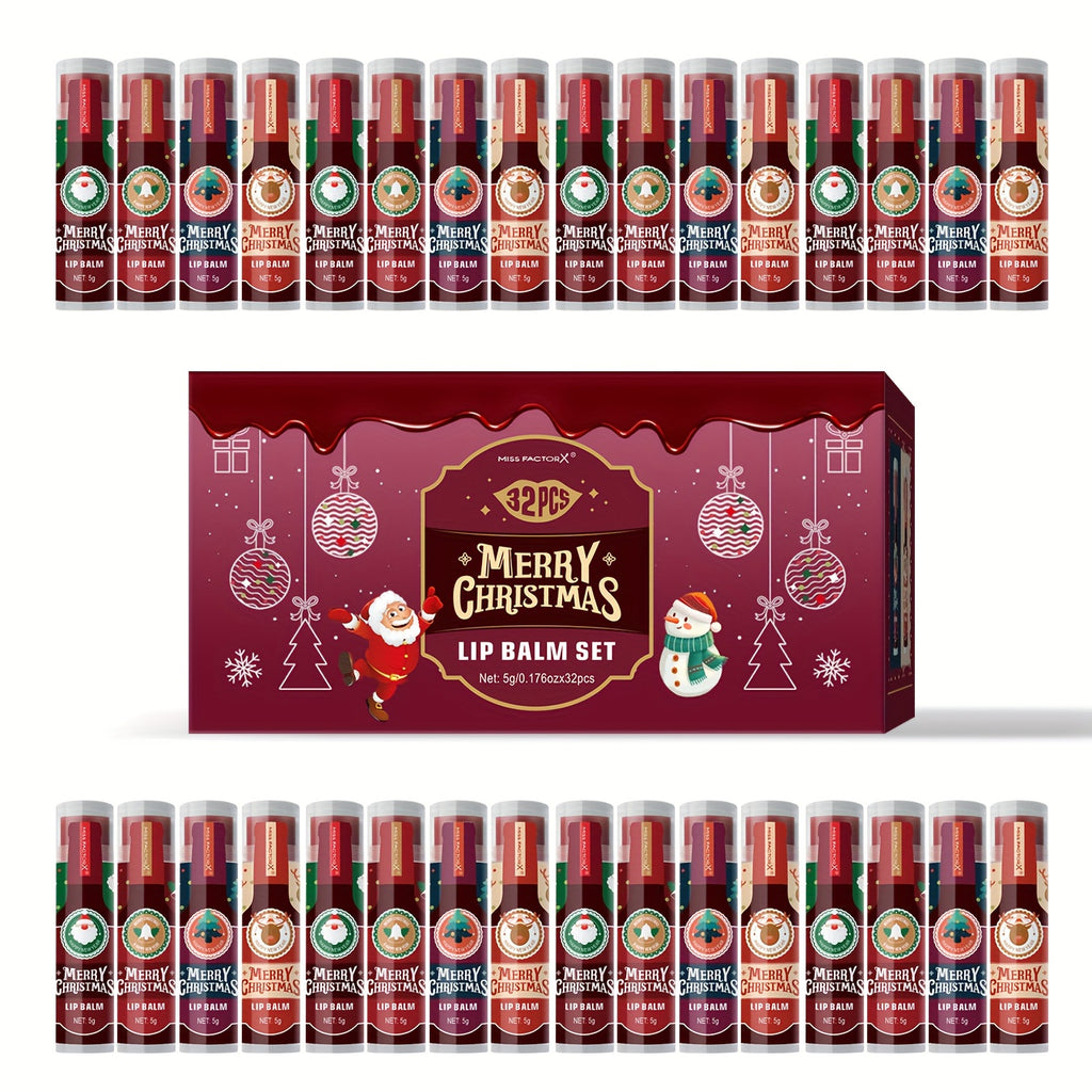 32pcs MISS FACTOR Christmas Lip Gloss & Balm Set - Long-Lasting Hydration, Holiday Gift Bo with Lipstick-like Tubes for Women & Men, Christmas Lip Balm, Fancy Lip Balms, Smudge Proof Lipstick, Christmas Lip Balm Set, Lipstick for Women Matte