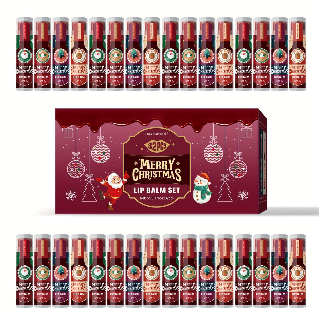 32pcs MISS FACTOR Christmas Lip Gloss & Balm Set - Long-Lasting Hydration, Holiday Gift Bo with Lipstick-like Tubes for Women & Men, Christmas Lip Balm, Fancy Lip Balms, Smudge Proof Lipstick, Christmas Lip Balm Set, Lipstick for Women Matte