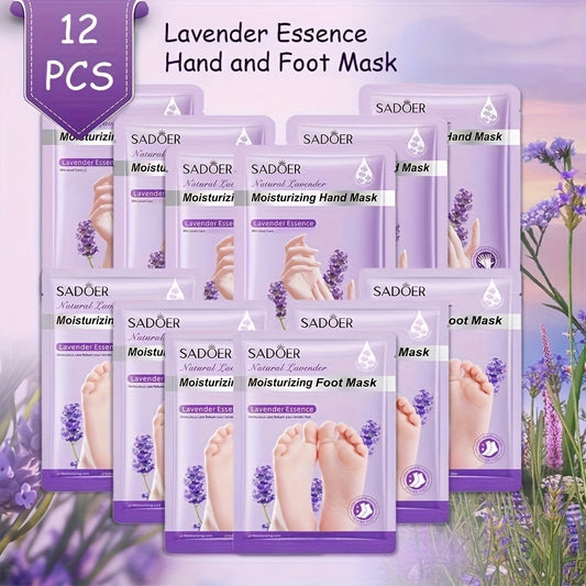 Hand and Foot Mask Set 12pcs – Lavender Moisturizing Gloves Socks, Deep Hydrating Skin Care Treatment, Non-Greasy Moisture Essence for Dry Cracked Hands Feet, Gift for Women Mom