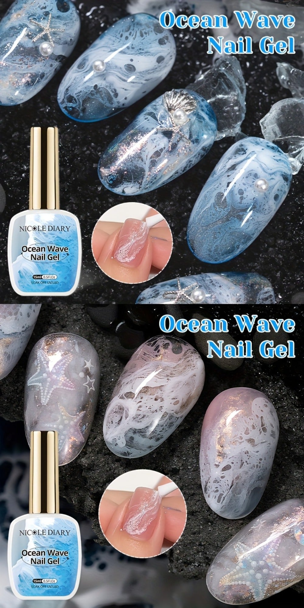 NICOLE DIARY 0.51oz Blue Sea Wave Bubble Gel Nail Polish - Marble Watercolor Ink Nail Art, at Home, Long-Lasting Glossy End, No Resin Remover Needed