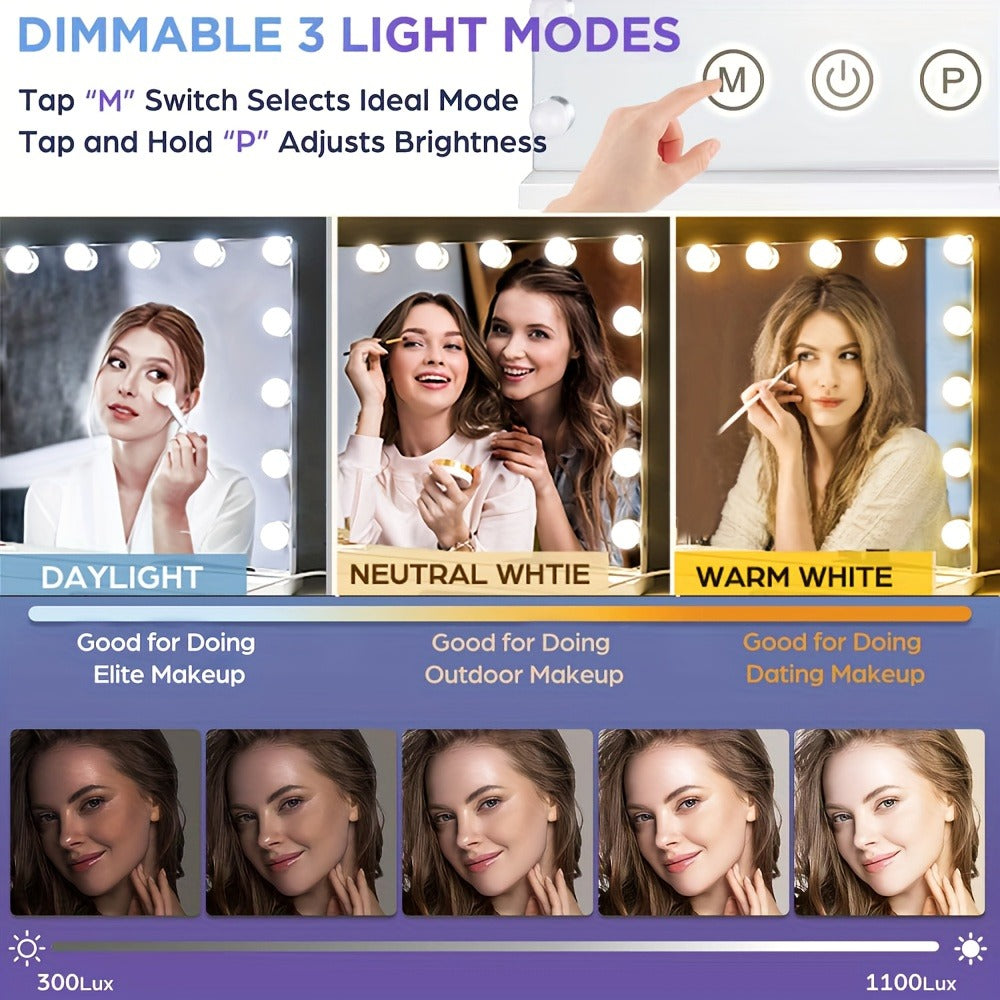 Vanity Makeup Mirror with Lights: Hollywood Mirror with 15LED Bulbs - Large 23"x19" Desk Mirror for Wall, Dimmable 3 Lighting Modes, USB Charger Port, White