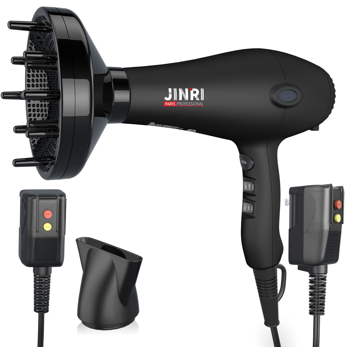 Professional Ionic Hair Dryer 1875W with Diffuser & Concentrator Attachments — Salon-Quality Blow Dryer for Curly Hair, Adjustable Cord, US Plug, Black