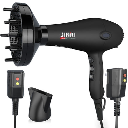 Professional Ionic Hair Dryer 1875W with Diffuser & Concentrator Attachments — Salon-Quality Blow Dryer for Curly Hair, Adjustable Cord, US Plug, Black