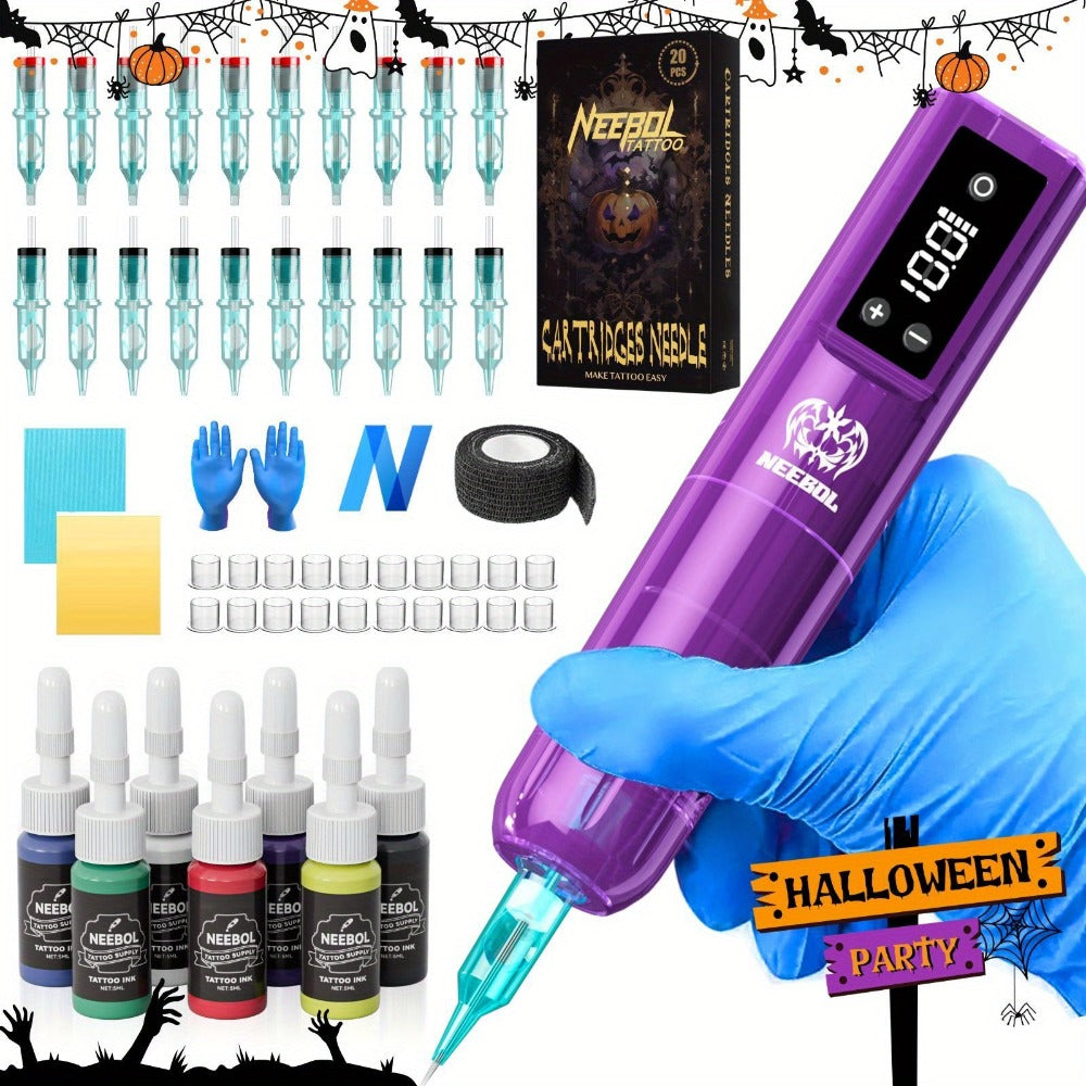 Neebol Tattoo Machine Kit Complete, 20 Cartridge Needles Sold Separately, Christmas & New Year Body Art Gift, Cordless Tattoo Pen, Upgraded Lightweight Design, Wireless Rotary Tattoo Gun with Screen Display, Tattoo Supplies for Beginners & Artists