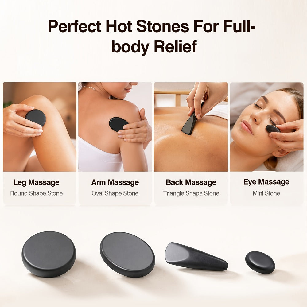 18pcs Hot Stones for Massage with Warmer, Massage Stones with Heater Kit for 4 Sizes, Hot Stone Massage for Professional Or Home Spa Warming Relaxing