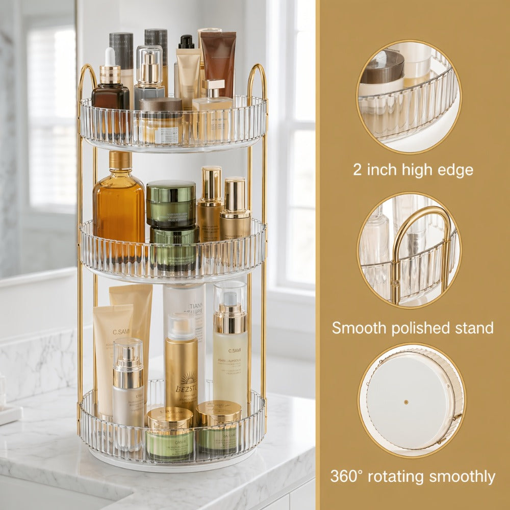 Dresser 360 Swivel Makeup Organizer, 3 Tier Bathroom Countertop Organizer Swivel Perfume Organizer, Large Capacity Cosmetic And Skincare Dresser Makeup Racks