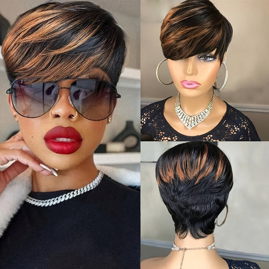Highlight Synthetic Ombre Black Brown 1B/30# Short Straight Pixie Cut HairStyle Wigs With Bangs