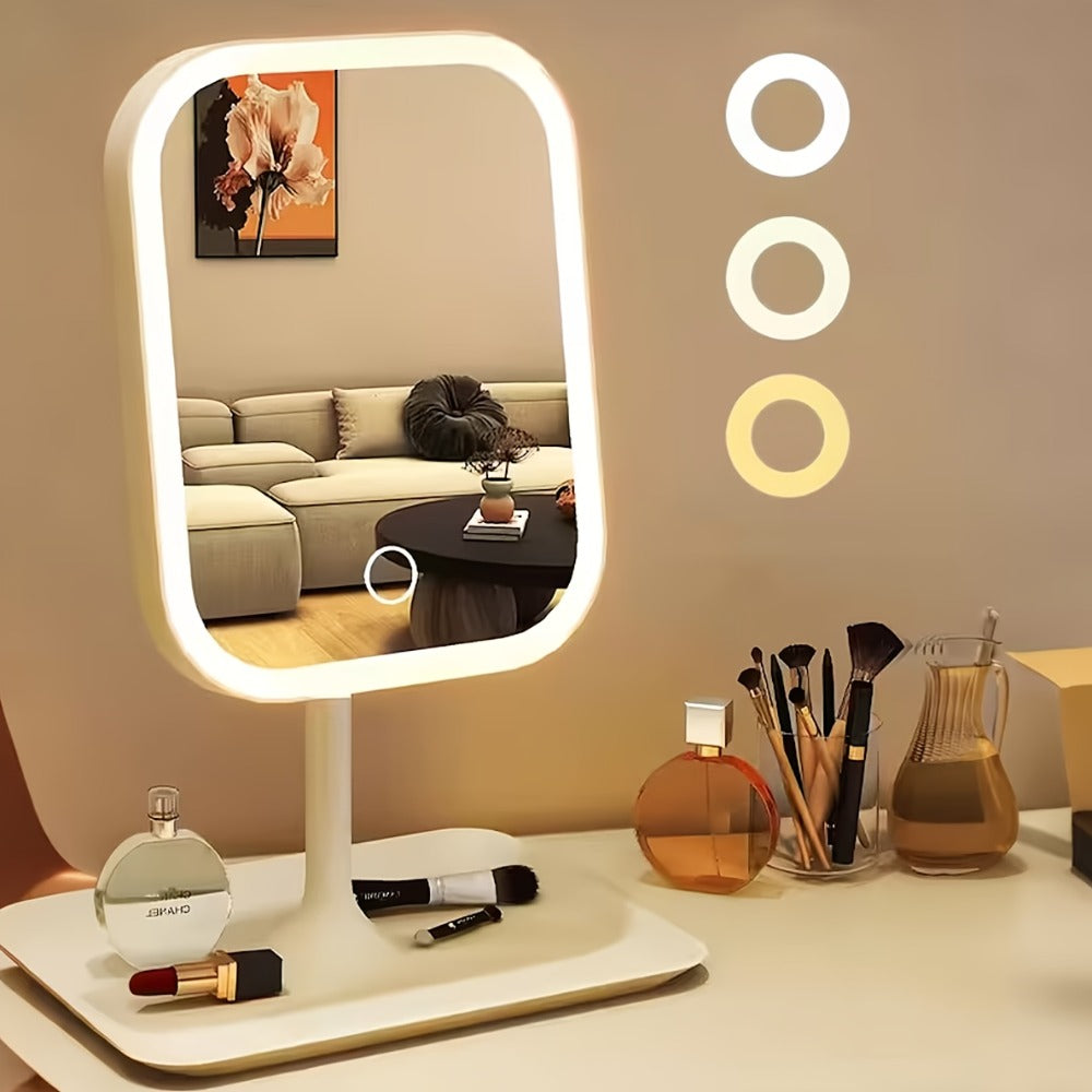 Illuminated Makeup Mirror Features Three Lighting Modes, Touch Control Operation, A Portable Stand, And A Foldable Design, Making It Ideal for Travel. It Comes with A Rechargeable Battery And Is A Compact LED Makeup Mirror.Free 10x Magnifying Glass