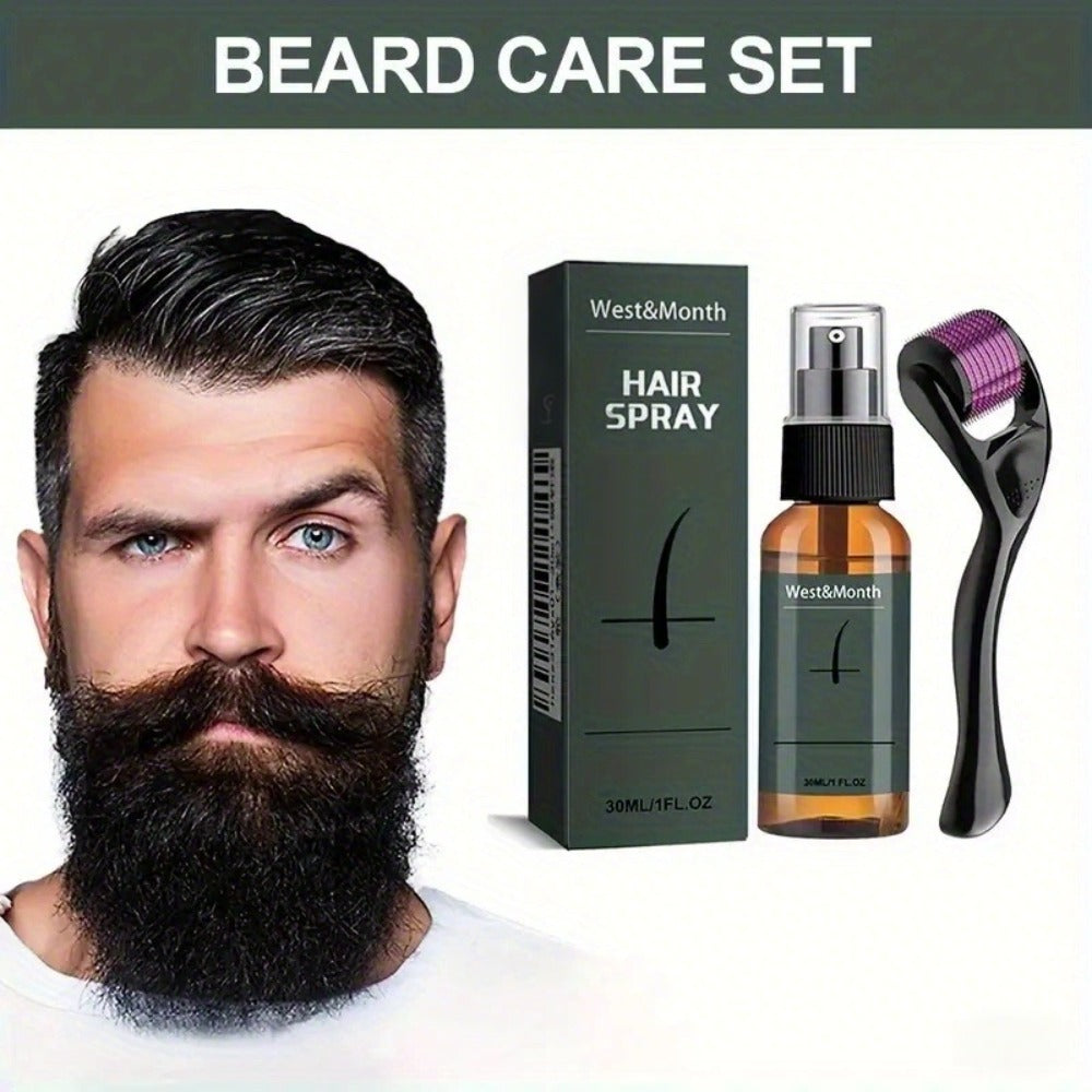 30ml/1fl.oz Beard Spray Set (Spray + Microneedle Roller), Needle Length < 0.25mm, Contains Ginseng and Ginger Extracts, Provides Sufficient Moisture for the Beard, Derma Roller, This Product Is Not Intended for Use