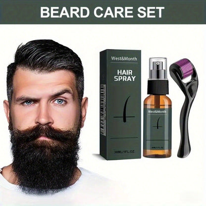 Beard Growth Spray Set with Derma Roller - 30ml Ginseng & Ginger Extract Beard Moisturizer Kit, Microneedle Roller 0.25mm for Men's Beard Care & Grooming