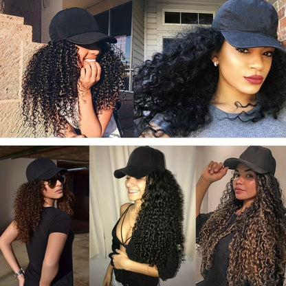Baseball Cap Wig Afro Kinky Curly Long Synthetic - Adjustable Elastic Net Cap Hat and Wig Combo for Women 18 Inch Multi-Color