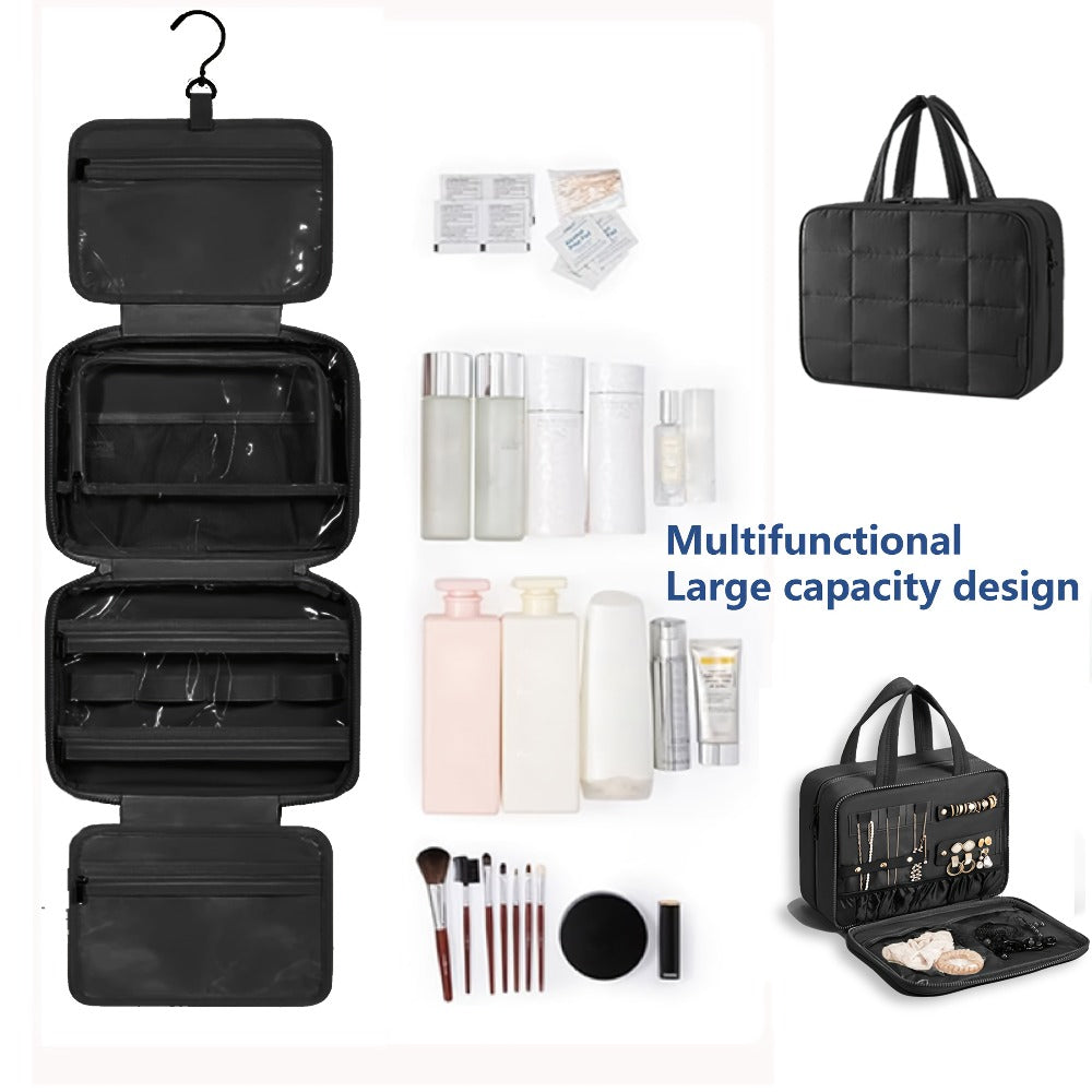 Hanging Travel Toiletry Bag Large Cosmetic Organizer for Full-Size Products Hanging Travel Makeup Bag Waterproof Bathroom Organizer Pink Beige Black