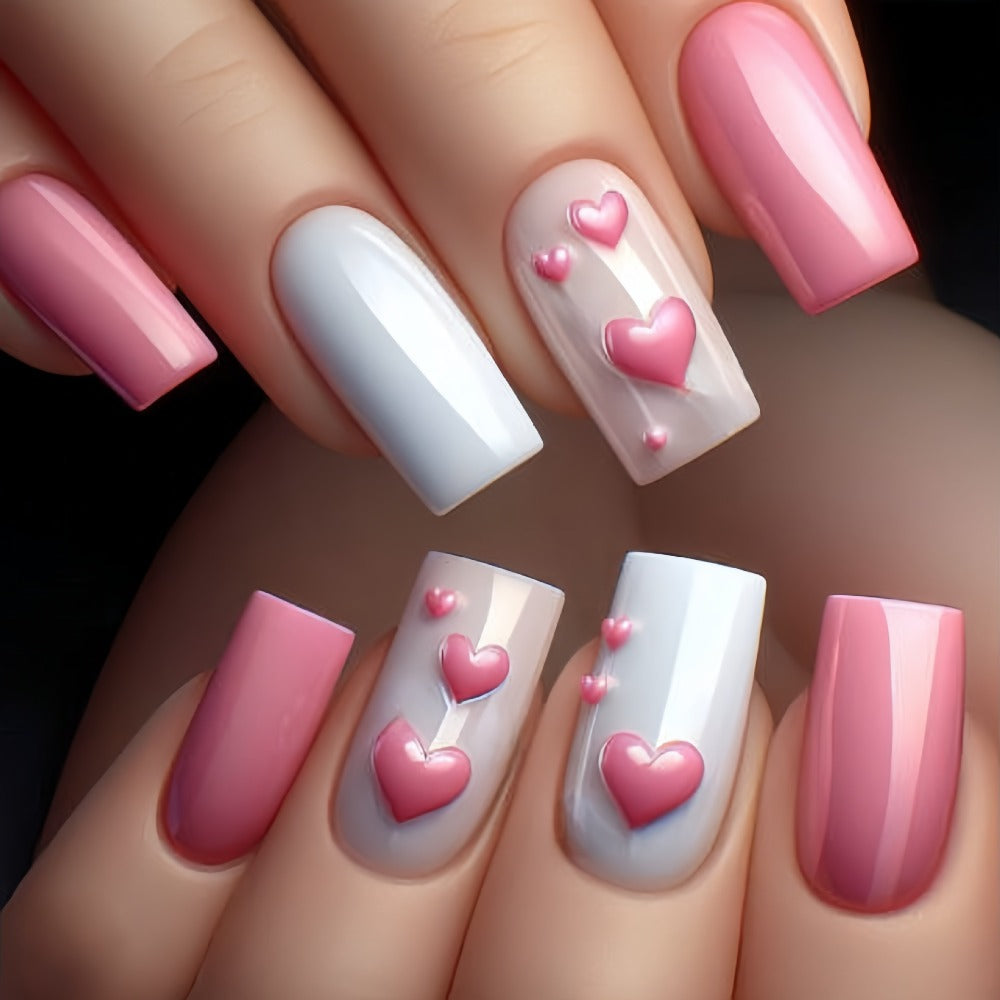 Set of 96 Almond-Shaped Press-On Nails (4 Packs) Featuring Sparkling Hearts And Glitter Details - Comes with Jelly Adhesive Tabs And a Nail File - Ideal for Valentine'S Day