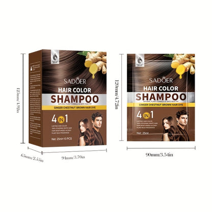 Hair Color Shampoo 3-in-1 Natural Hair Dye Deep Cleansing Moisturizing Gel Formula 10 Packs Portable Individual Packaging for Women Men Black Brown