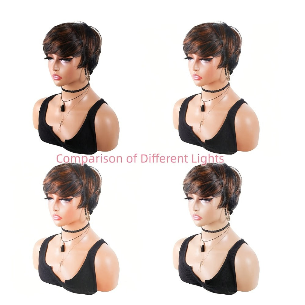 Highlight Synthetic Ombre Black Brown 1B/30# Short Straight Pixie Cut HairStyle Wigs With Bangs