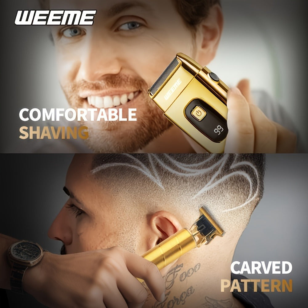 Electric Hair Cutting Set Home Hair Clipper Kit Multi-Functional All-in-One Lightweight Cordless Hair Cutter for Men Women Easy to Use Travel-Friendly Golden Blue
