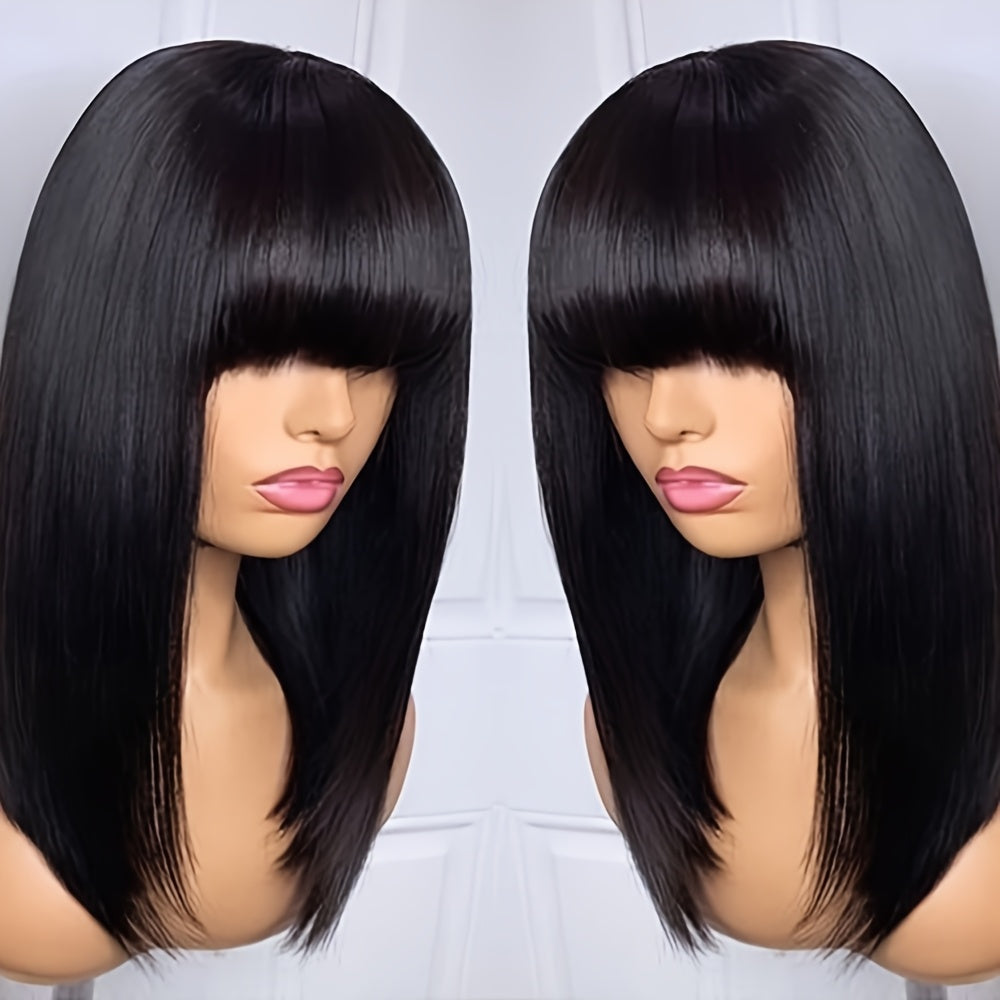 16" Blunt Cut Straight Bob Wig with Bangs - Heat Resistant Synthetic Hair, 180% Density Rose Net Cap, Silky Straight Black Wig for Women & Men, Business, Party & Daily Wear