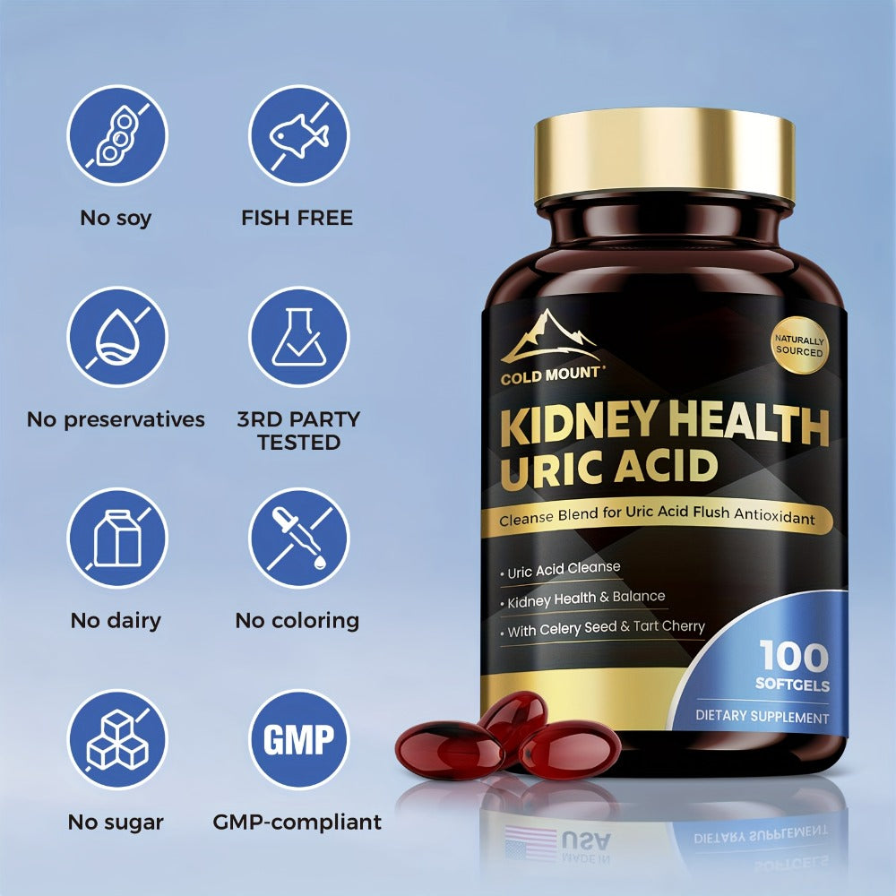 Cold Mount Uric Acid Balance Supplement, Kidney Health, Cardiovascular Health, Antioxidant, With Tart Cherry, Celery Seed & Citric Acid, 100 Soft Capsules, 50 Day Supply