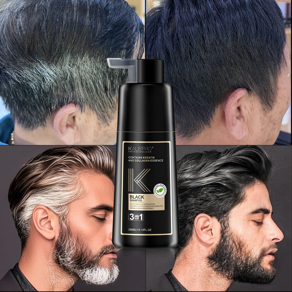 10oz Men's Black Hair & Beard Dye Shampoo, 3-in-1 Quick Coloring, Long-Lasting Natural Effect, Ammonia-Free, 8-Minute Easy Gray Coverage for A Youthful And Stylish Look