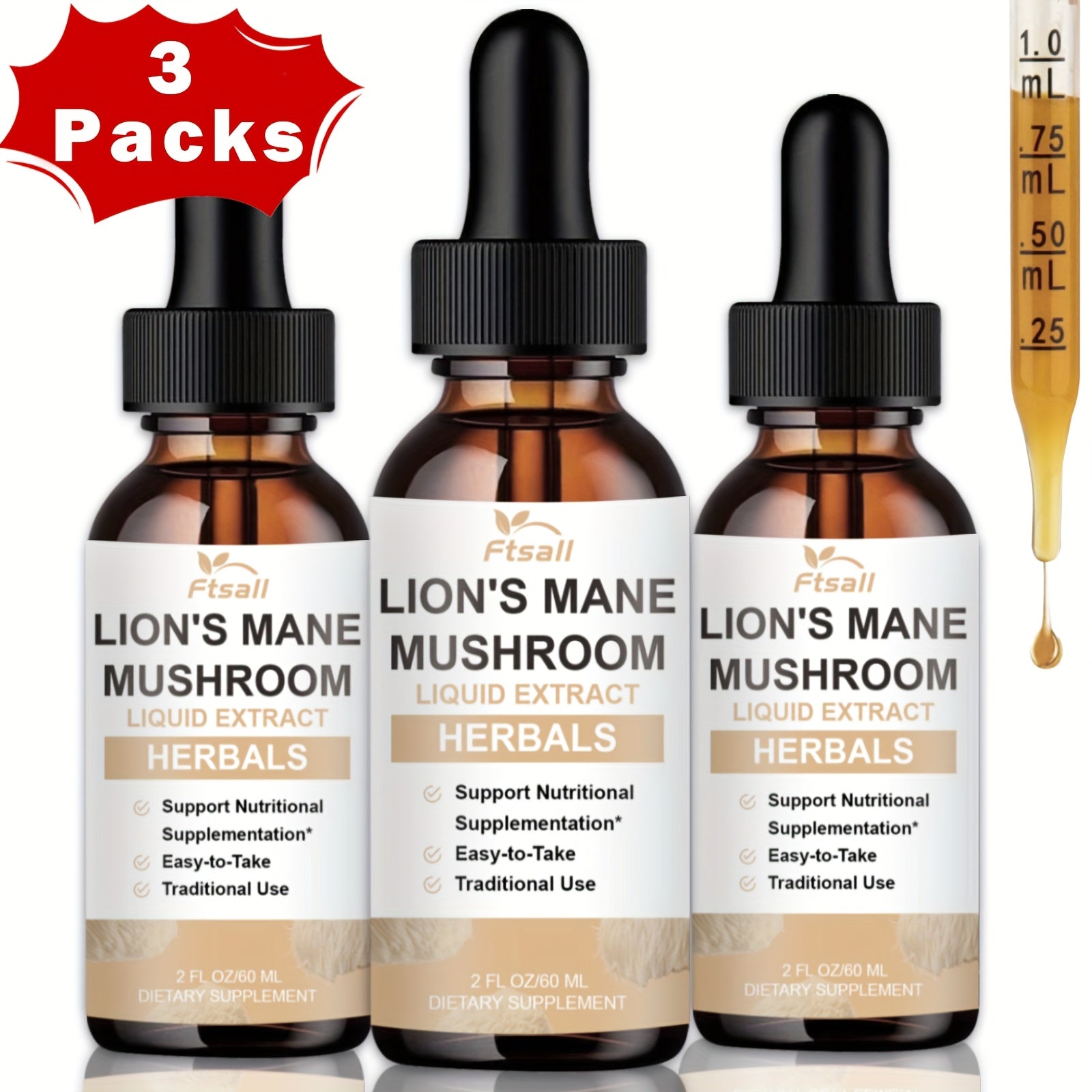 Ftsall 1/2/3 Packs Lions Mane Liquid Drops Supplement - 2FL OZ | Natural Herbal Brain Support for Focus, Memory | Lions Mane Mushroom for Women And Men