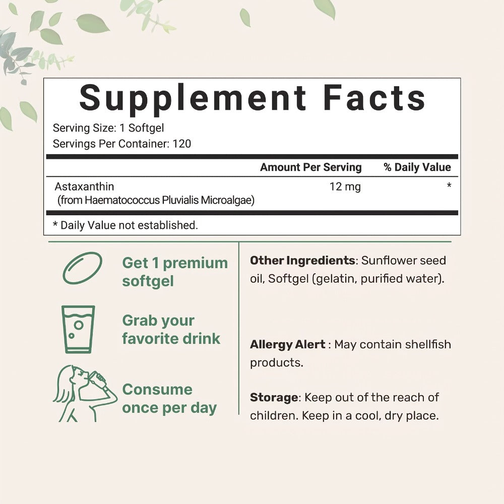 Astaxanthin 12Mg, 120 Softgels, 4 Month Supply | Premium Astaxanthin Antioxidant Supplements* | Fresh Microalgae Source | Triple Strength, Easy to Swallow