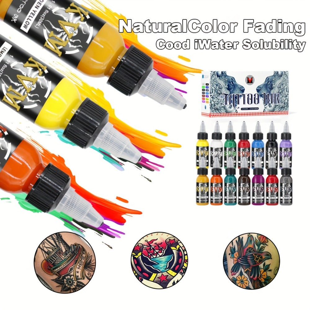 Tattoo Ink Set 1oz (30ml) - 7 or 14 Color Professional Tattoo Ink Kit, Stable Vibrant Pigments for Artists & Beginners, Complete Tattoo Color Supply for Machine & Gun