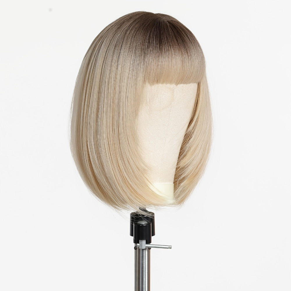 White Golden Wig with Bangs Synthetic Straight 14 Inch Shoulder Length Full Bangs Glueless High Temp Silk Fiber Rose Net Cap for Women Wedding Bridal Party Daily Wear
